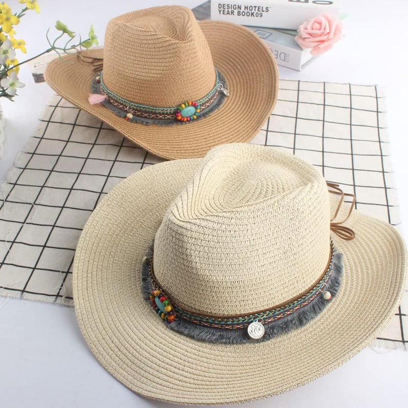 Holiberty Mens Straw Cowgirl Cowboy Hat Women Floppy Packable Wide Brim Sun Hat UPF50 Western Panama Travel Beach Cap Fedora Bucket Hat - Image 4